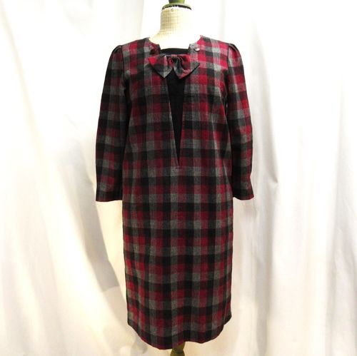 Burgundy and gray checkered woolen dress from the 60s, approx M